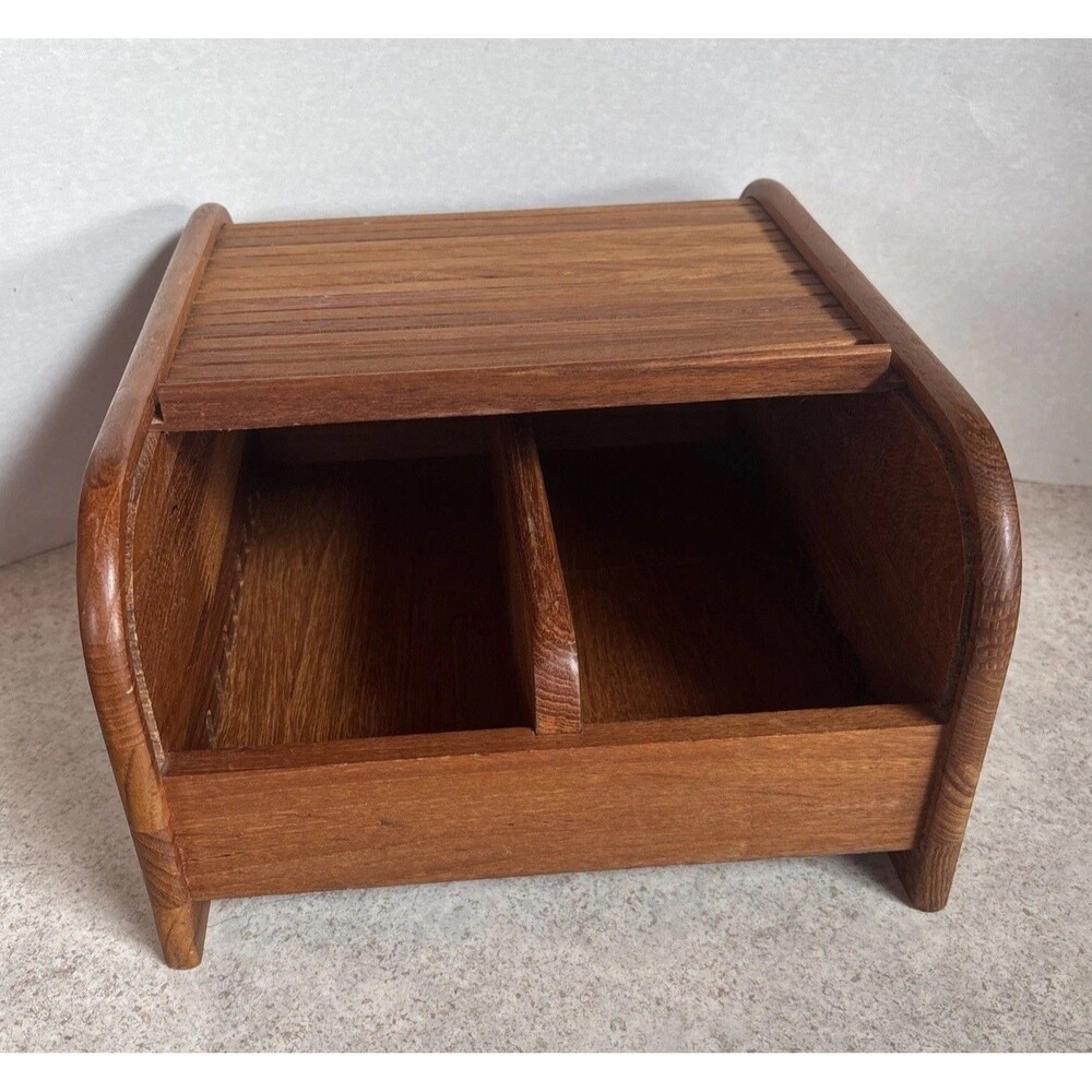 Mid Century Tambour Roll Top Teak Desk Box Organizer Diskette Tape Card MCM AAA